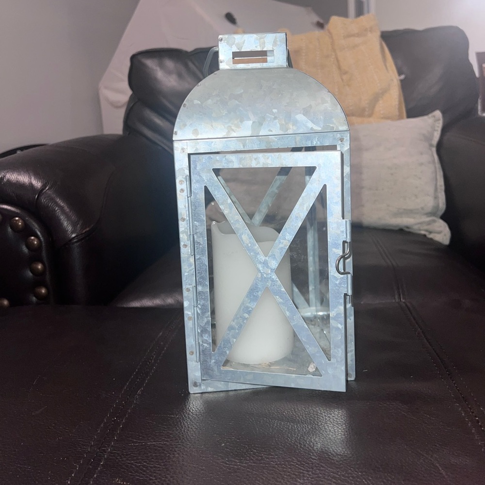 Galvanized lantern with fake candle